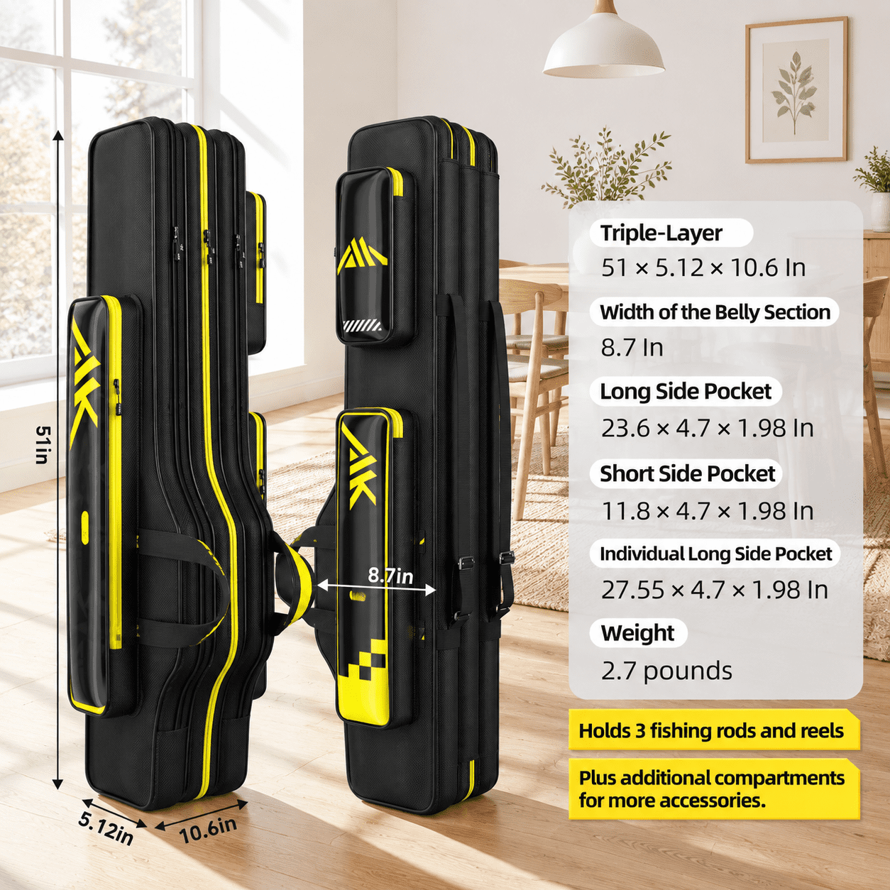 3 Layer -Reinforced 51 in / 130cm Fishing Rod Case 1680D Oxford Fabric Storage Bag