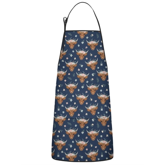 Navy Highland Cow Flower Pattern Apron-Garden Aprons for Women with Pockets-Cotton Linen Waterproof Kitchen Cooking Gardening Aprons Adjustable for Kitchen,Cooking,BBQ and Salon 33x27 Inch