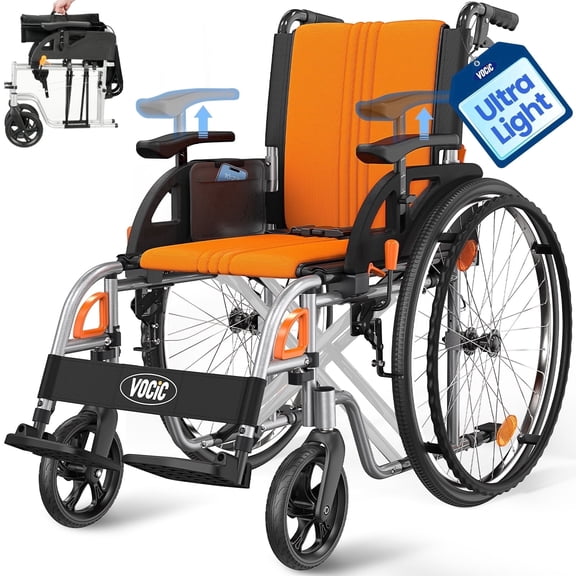 VOCIC Ultra Lightweight Wheelchair for Adults, Swing-Away Footrests, Aluminum Frame, 300 lbs Capacity, Orange