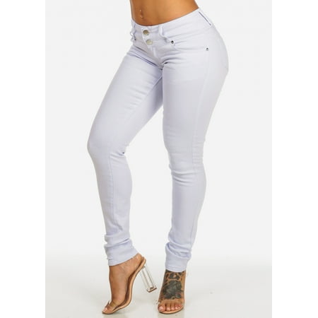 Worn Jeans Button Fly Jeans - Womens Juniors White High Waist Stretchy Twp Button Skinny Jeans 10536K