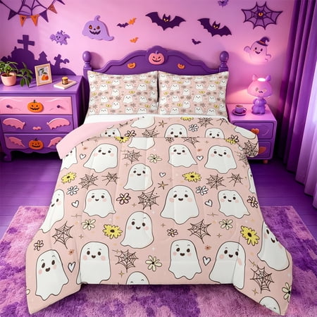 Homewish Simple Halloween Ghost Full Size Comforter Sets Spider Web Daisy Heart Print Bedding Comforter Set Blush Pink Black Pink Reversible 3 Pieces 1 Comforter and 2 Pillowcases