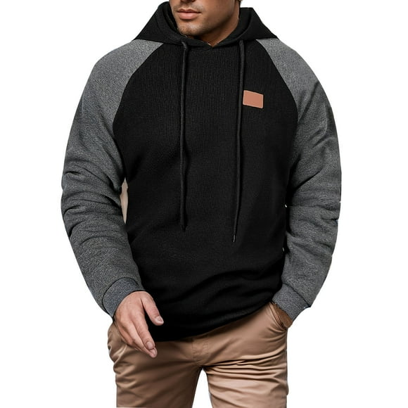 Ediodpoh Men's Autumn and Winter Long Sleeved Hooded Sweatshirt Men's Casual Color Blocked Long Sleeved Hooded Wool Sweatshirt Mens Sweatshirts Black XL