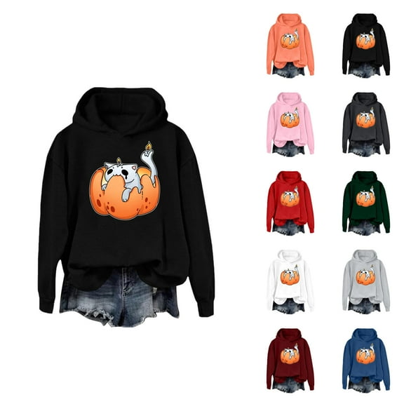 Halloween Hoodies for Women 2025 Funny Pumpkin Cat Cute Hoodies Hooded Sweatshirt Hoodie Women Pullover