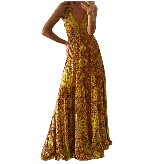 IROINNID A-Line Dress For Women Fashion Summer V-Neck Camis Sleeveless Vest Long Dress Full-Length Prints Dress