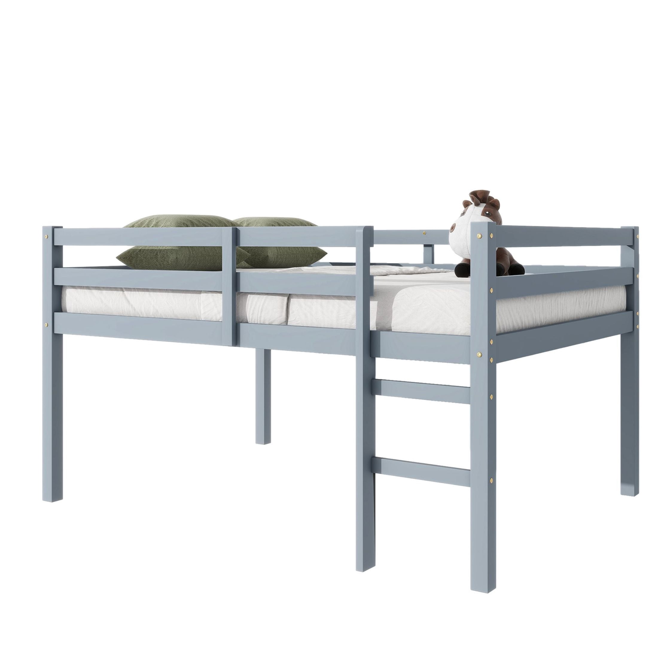 Noble House Full Loft Bed, Rubber Wood Frame with Ladder, Guardrails & Space-Saving Storage Design, Grey
