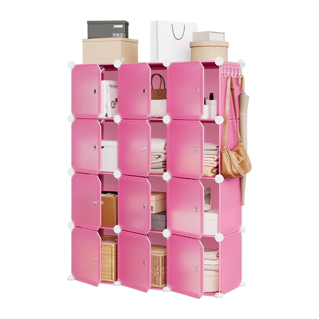 12-Cube Modular Shoe Storage Cabinet with Doors – Stackable, Expandable Storage Organizer – Customizable Plastic/ABS, Dustproof, Space-Saving Shoe Rack – Pink