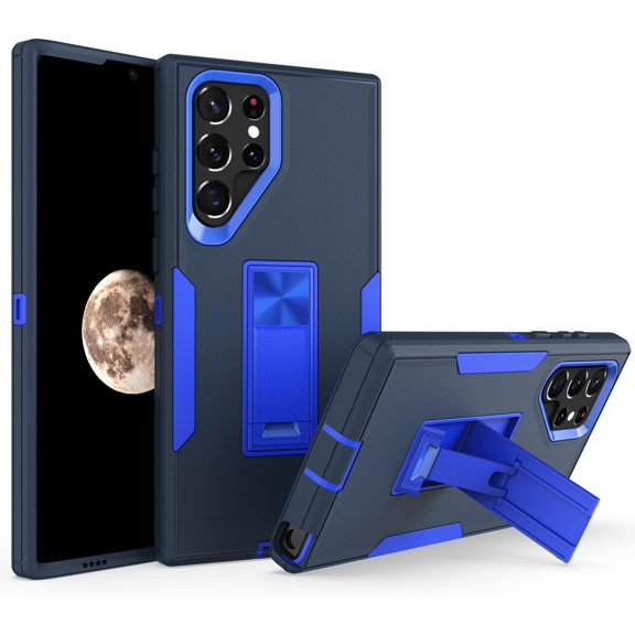 Case for Samsung Galaxy S22 Ultra 5G, Silicone Tough Rugged Dual Layer Phone Case with Hybrid Kickstand Full Body Protective Cover with Military Armor Level Shockproof - Dark Blue