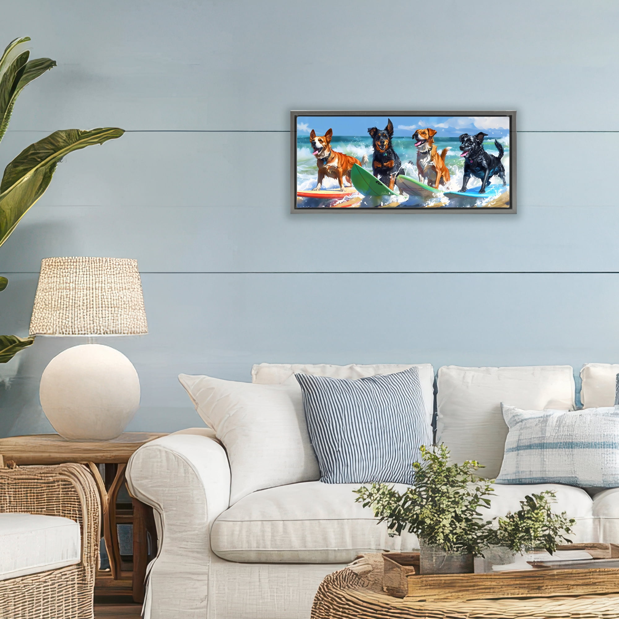 Stupell Industries Dogs on Surfboards Summer Fun Gray Framed Floater Canvas Wall Art, design by Creative Studio