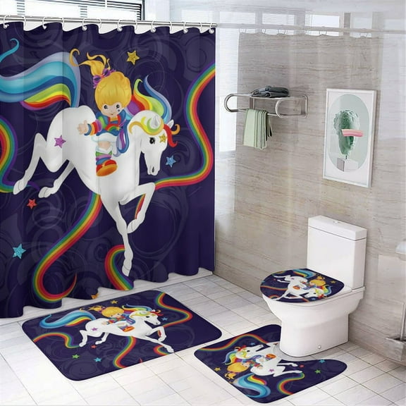 Rainbow Brite 4 Piece Bathroom Shower Curtain Sets Non-Slip Rugs Bath Mat Toilet Lid Cover U Shaped Mat for Bathroom Decor Set 72" X 72"