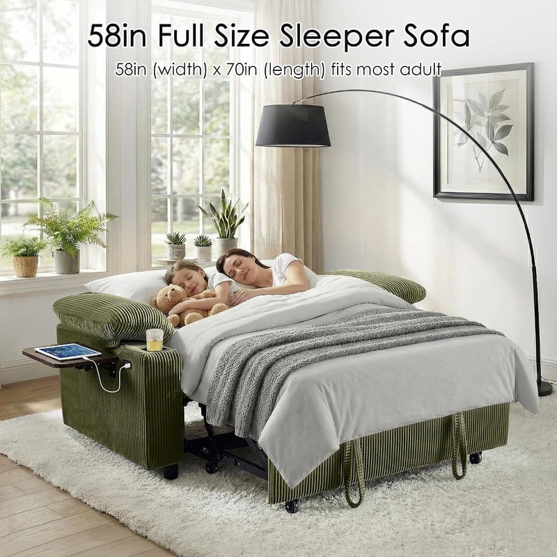 58" Sleeper Sofa Bed, Full Size Pull Out Couch, Convertible Loveseat Sofa with 5-Level Adjustable Backrest, USB Charging Ports, Cup Holders & Foldable Side Table, for Living Room, Apartment & Office