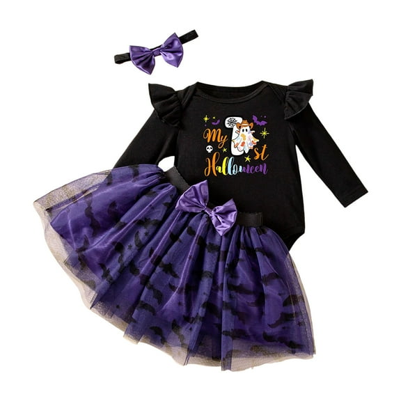 Staki 3Pcs Baby Girl First Halloween Outfit Infant Romper Dress Bow Tutu Skirt with Headband Newborn Halloweeng Bodysuit(White,9-12 Months)