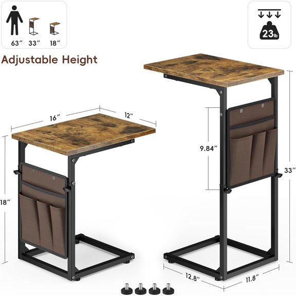 sasyxdc C Shaped End Table  33"Tall Side Table for Couch  Adjustable  Sofa Table Small Couch Side Tables  Slide Under Recliner TV Tray Arm Tables with Metal Frame for Living Room Bedr