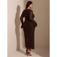 thumbnail image 2 of Coffee Brown Plus Size V-Neck Long Sleeve Mesh Overlay Maxi Dress For Evening Or Party, 2 of 6