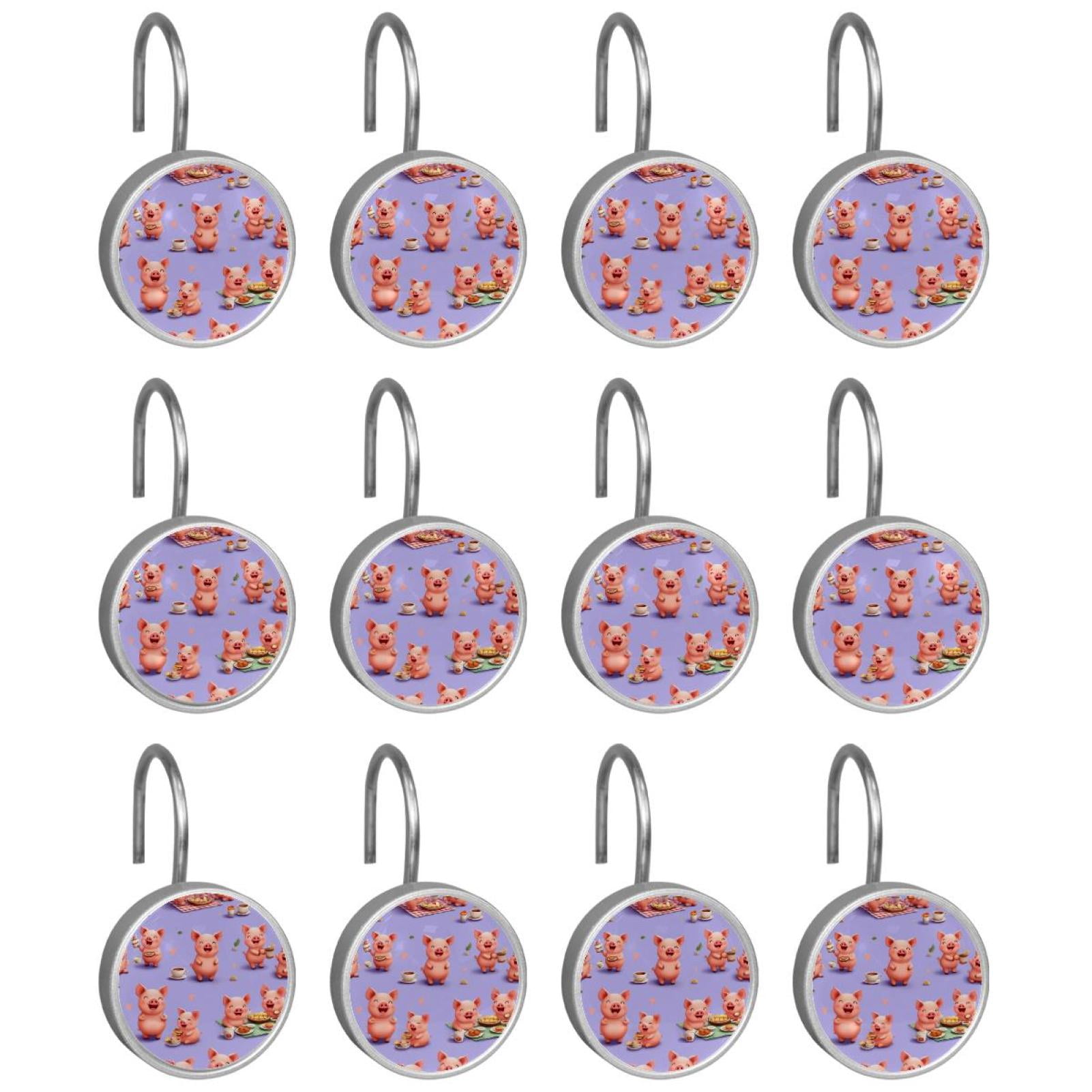 12pcs Decorative Shower Curtain Hooks, Rust Resistant Shower Rings for Bathroom Living Room,Rustproof Stainless Steel Rings for Shower Curtain and Liner Rods,Happy Pigs Picnic