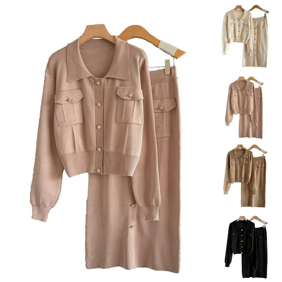 YHAJDS Women Casual Outfit Set,Womens 2 Piece Set Suit Women 2 Piece Outfits Solid Color Turn Down Collar Knit Cardigan Top and Slim Knit Midi Skirt