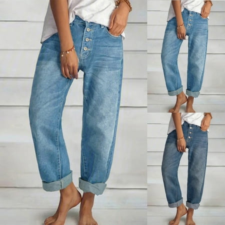 WRKEKC Jeans for Women Casual Pants for Women Ladies Trendy Solid Color High Waist Straight Wide Leg Jeans Long Pants with Pockets