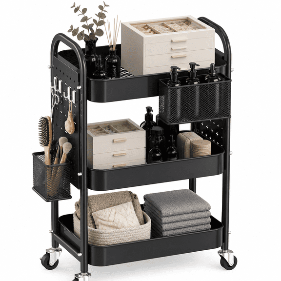 Graphite 3 Tier Metal Rolling Utility Cart With Pegboards, Baskets, Hooks For Storage