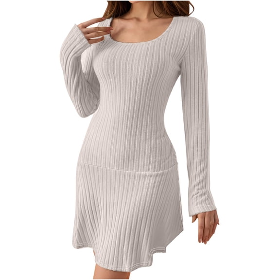 Oplxuo Sweater Dresses for Women Elegant Scoop Neck Long Sleeve Pullover Casual Knitted A-Line Mini Dress