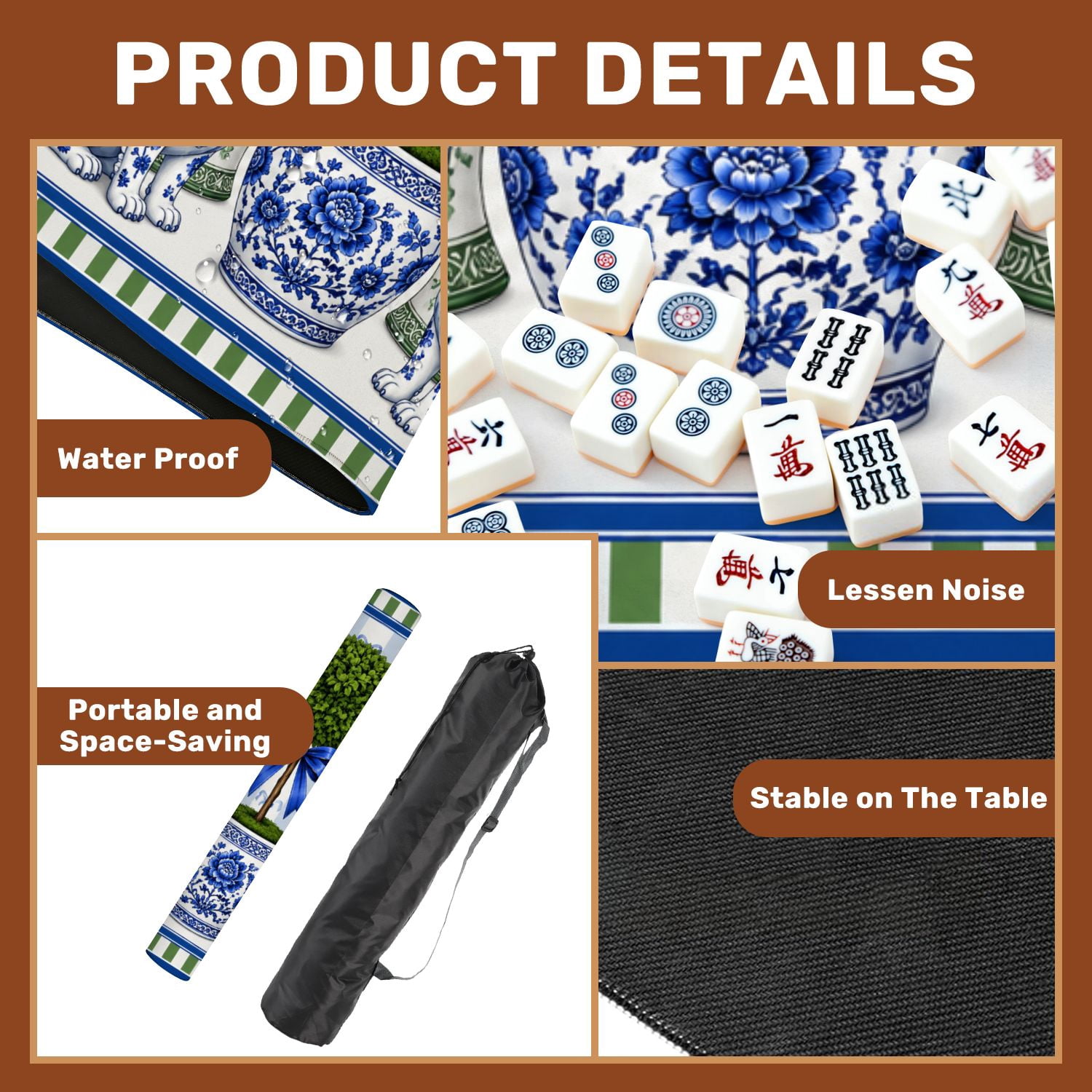 Mahjong Mat 31.5" x 31.5" Blue Green Floral Design Topiary Trees Dog Motif Elegant Frame Non-Slip Noise Reduction Chic Portable Gaming Table Cover for Family Game Night & Gift