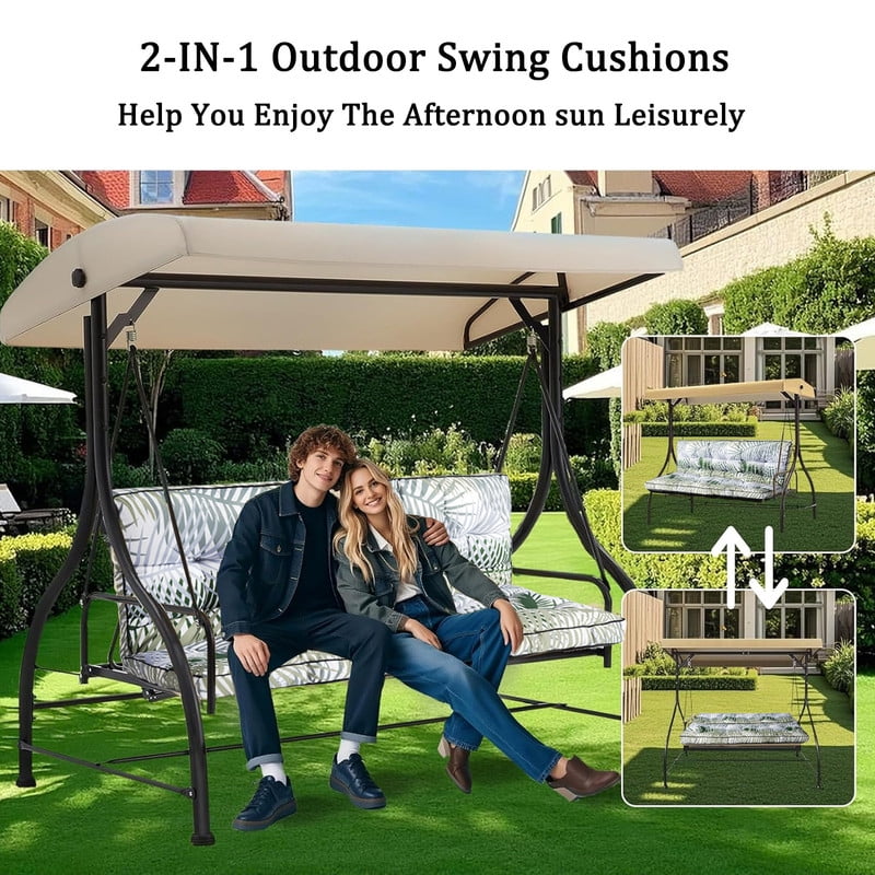 Outdoor Porch Swing Cushions, 4" thick patio swing cushions 3 Seater for outdoor furniture, Waterproof Bench Replacement Cushion with Ties(Bamboo leaves-71×40in)
