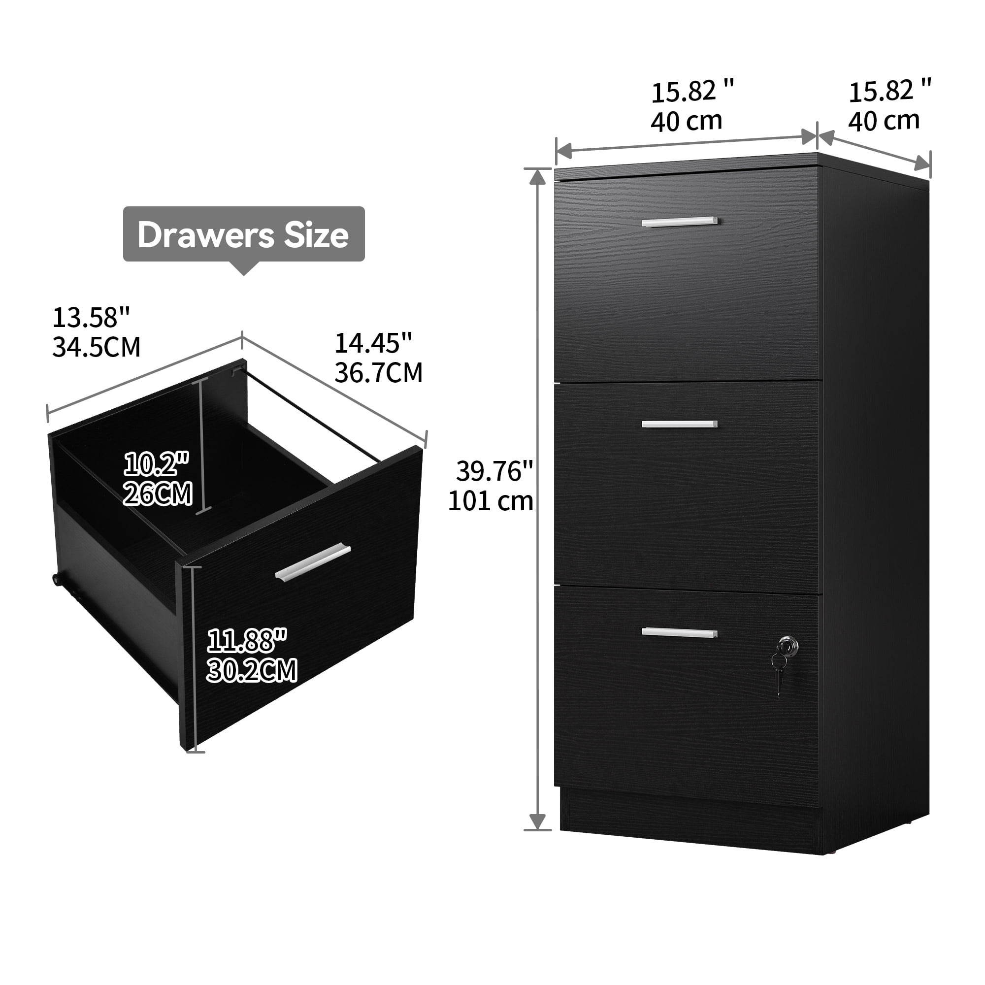 DEXTRUS 3-Drawer Wood File Cabinet with Lock,15.82" Vertical Filing Cabinet for Letter A4-Sized Files, Chest Organizer Office Storage, Black