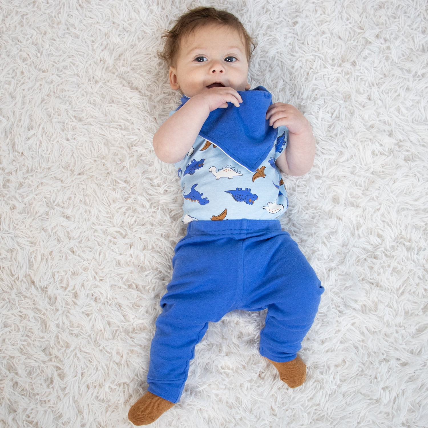 The Peanutshell Blue Dino Baby Boy Clothes Set, Sleepers, Bodysuits, Bibs and Socks, 6-9 Months, 15-Pc