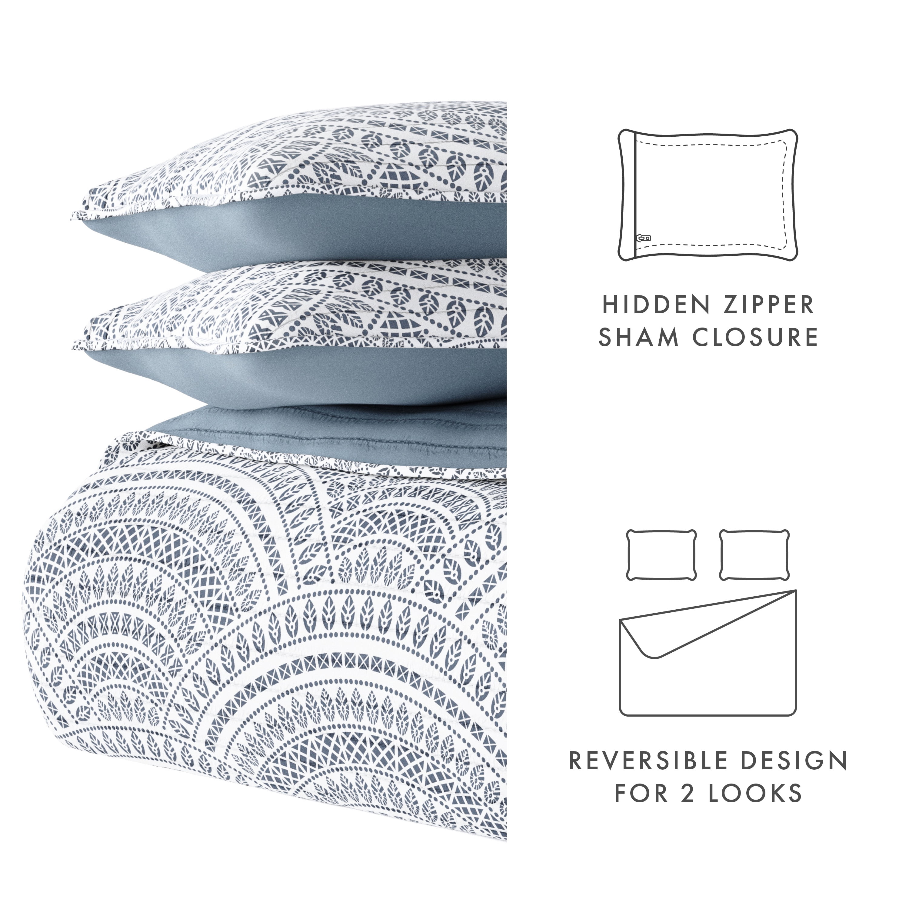 Noble Linens Dusk Blue 3 Piece Scallop Reversible Microfiber Quilt Set, Queen / Full