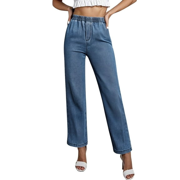 JIKNTTR Women Sweatpant Jeans Vintage Baggy Pleated Wide Leg Wash Draping Denim Straight Pants Comfortable Denim Pants