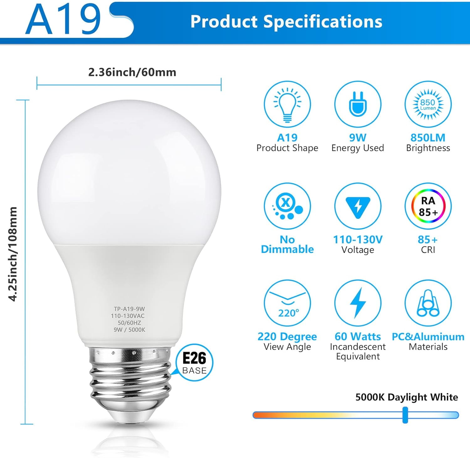 A19 LED Light Bulb, 60 Watt Equivalent LED Bulb, Daylight White 5000K, 850 Lumen, E26 Base, Non-Dimmable, 9W Bright White LED Bulb, 12-Pack