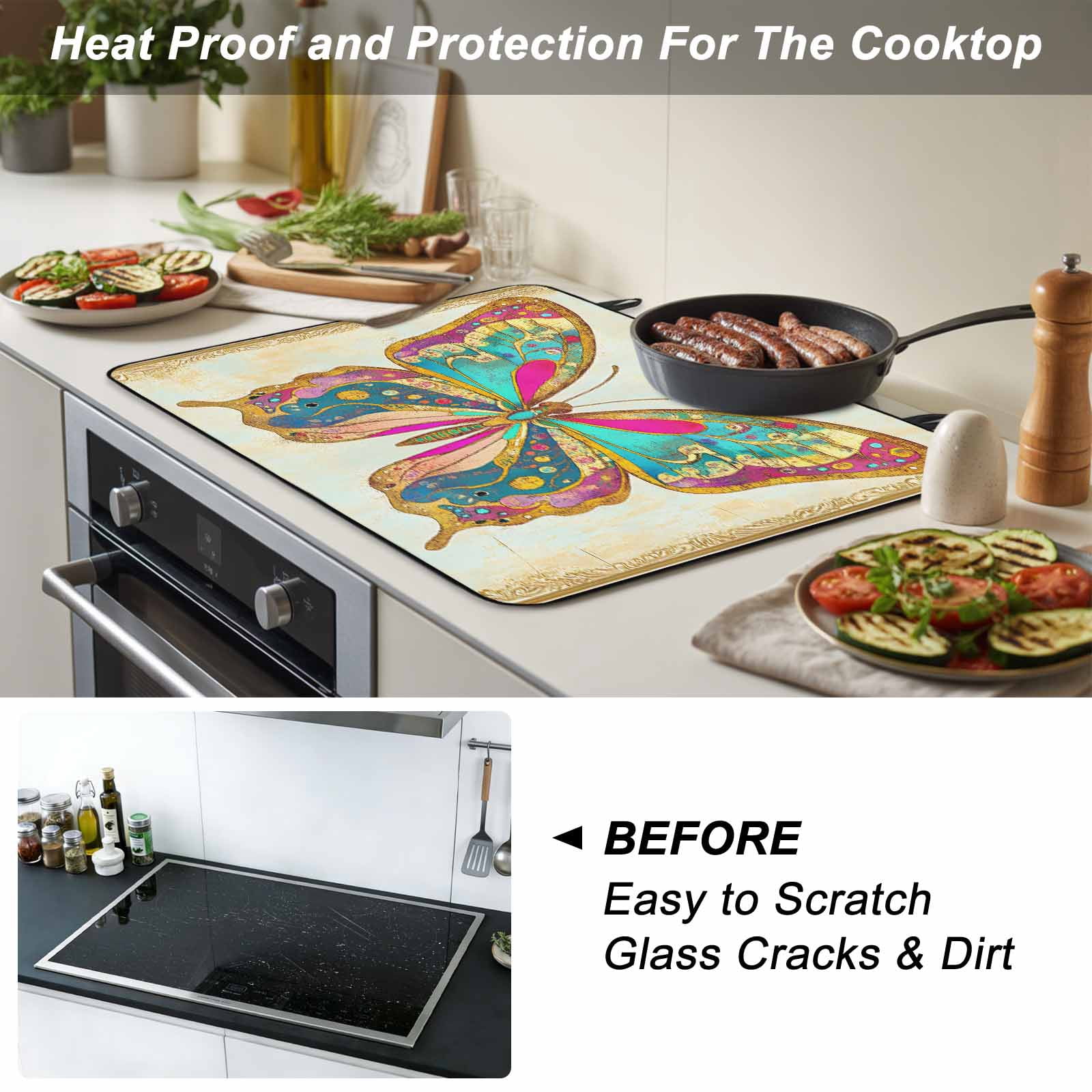 Vintage Butterfly Stove Top Cover for Electric Stove, Heat-proof & Non Slip Glass Top Stove Cover Protector, Retro Colorful Butterfly Kitchen Flat Cooktop Rubber Mat 24x21 Inches