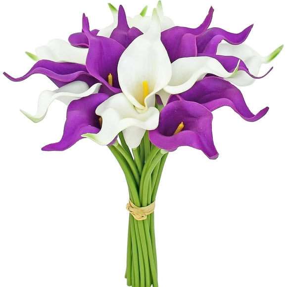 XmhyTop 20pcs Purple and White Flowers Artificial Calla Lily Silk Flowers 13.4" for Mother's Day Home Kitchen & Wedding