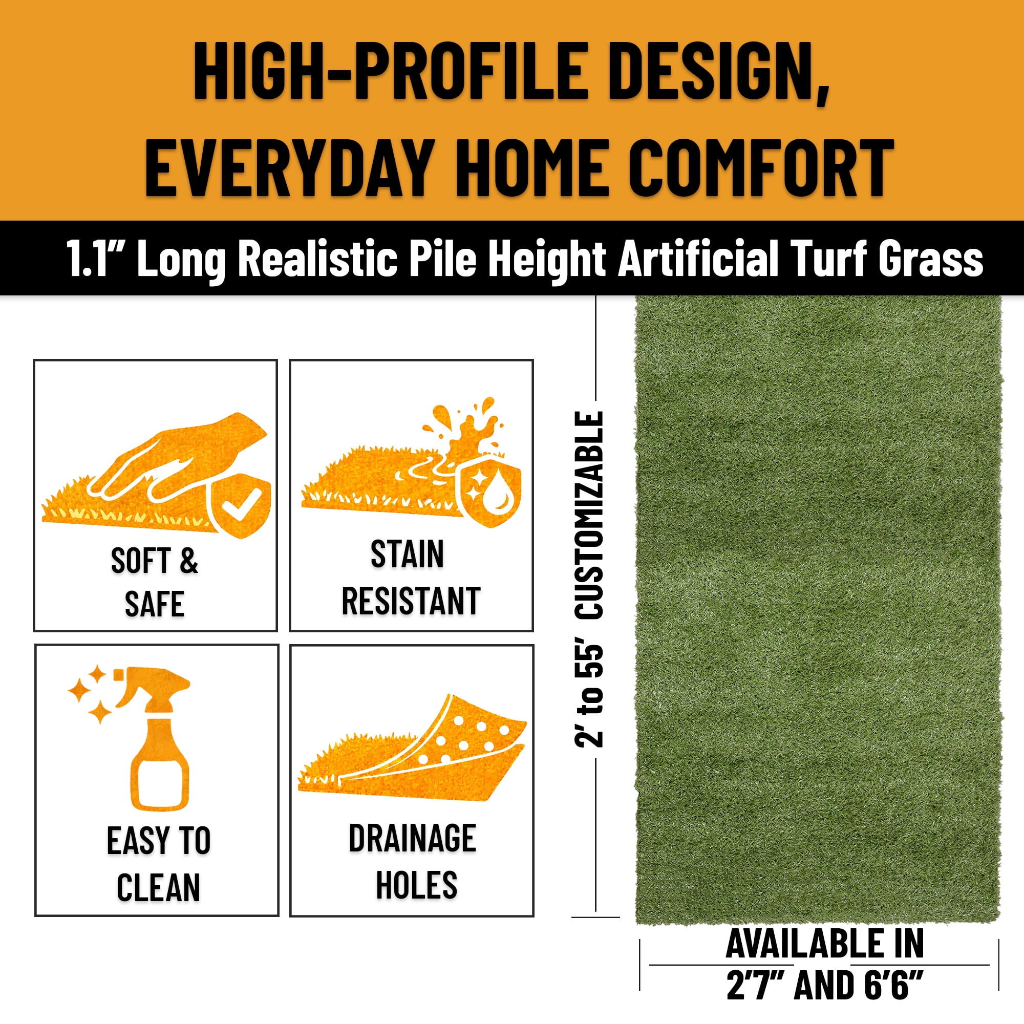 Ottomanson Natural Grass Indoor Outdoor Artificial Turf Rug 2'7" x 43' Green Lawn Carpet