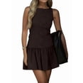thumbnail image 2 of Women Dresses Cute Sleeveless Boat Neck Bowknot Ruffle Pleated A Line Flowy Zipper Mini Dress Brown M, 2 of 9