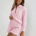 thumbnail image 2 of DHFJKG 2 Piece Summer Outfits Women Shorts Set Textured Long Sleeve Button Up Shirts And Shorts Loose Fit Matching Sets Versatile Outfit, 2 of 5