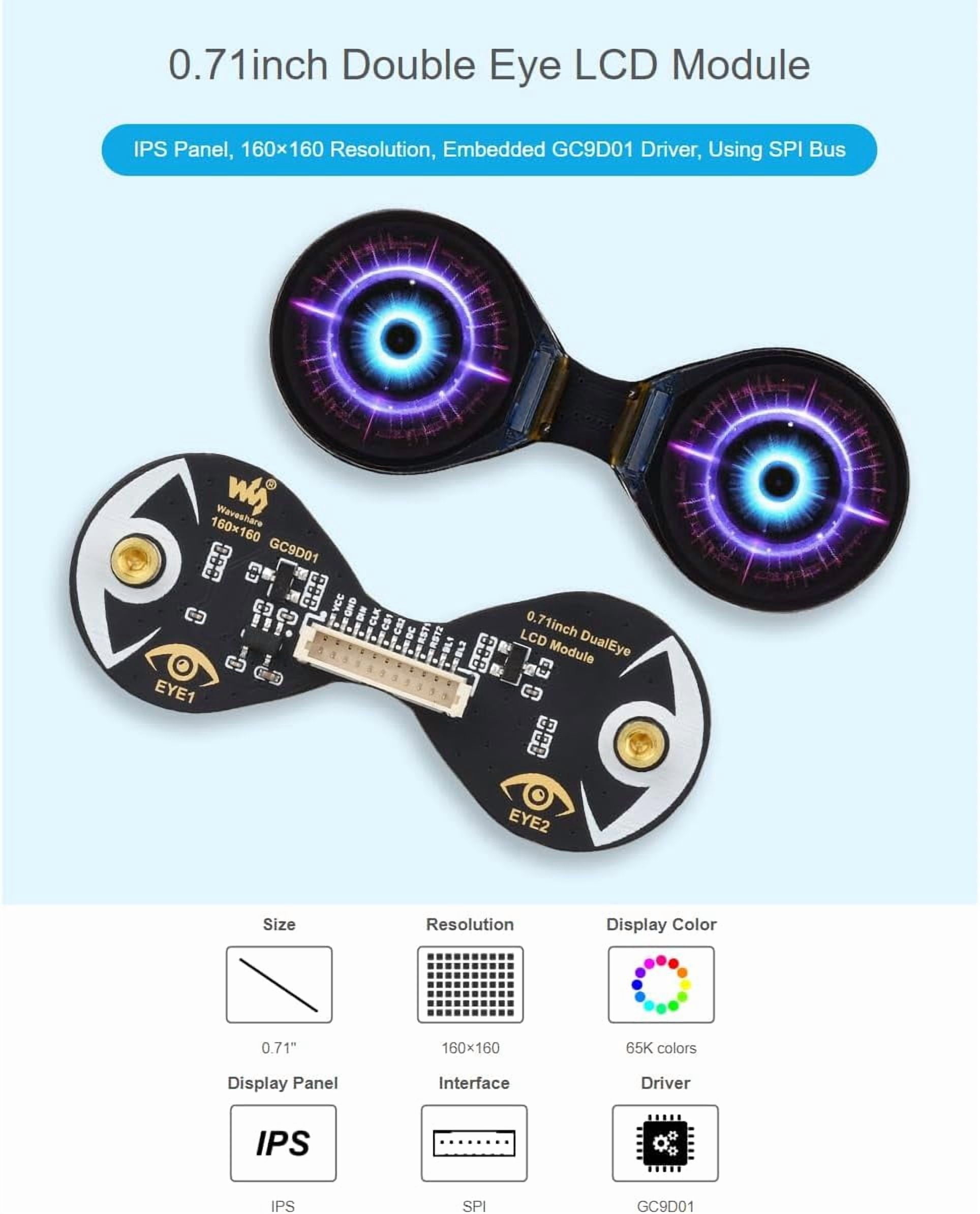 0.71inch Double Eye Round LCD Display Module 160×160 Resolution 65K Colors IPS Display Supports Controller Boards Like ESP32 / Arduino, Embedded GC9D01 Driver