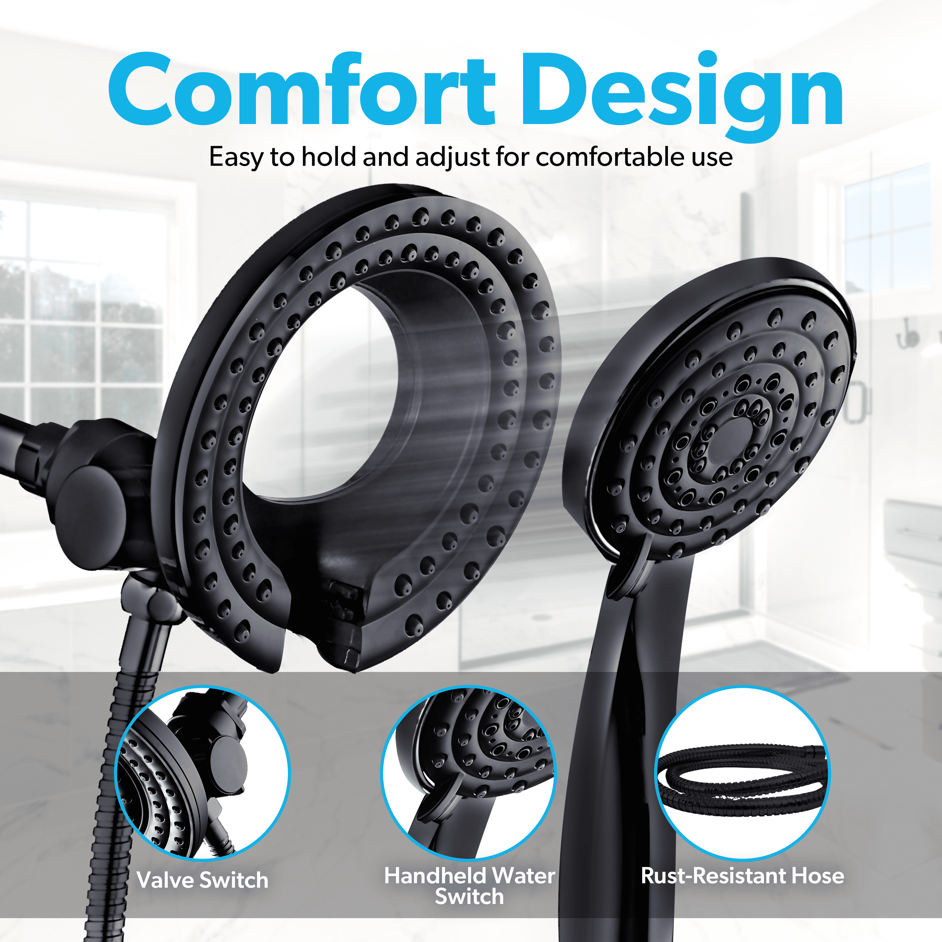 BLACK+DECKER Dual Shower Head with 5 Spray Settings and Detachable Wand and Stainless Steel Hose, Black