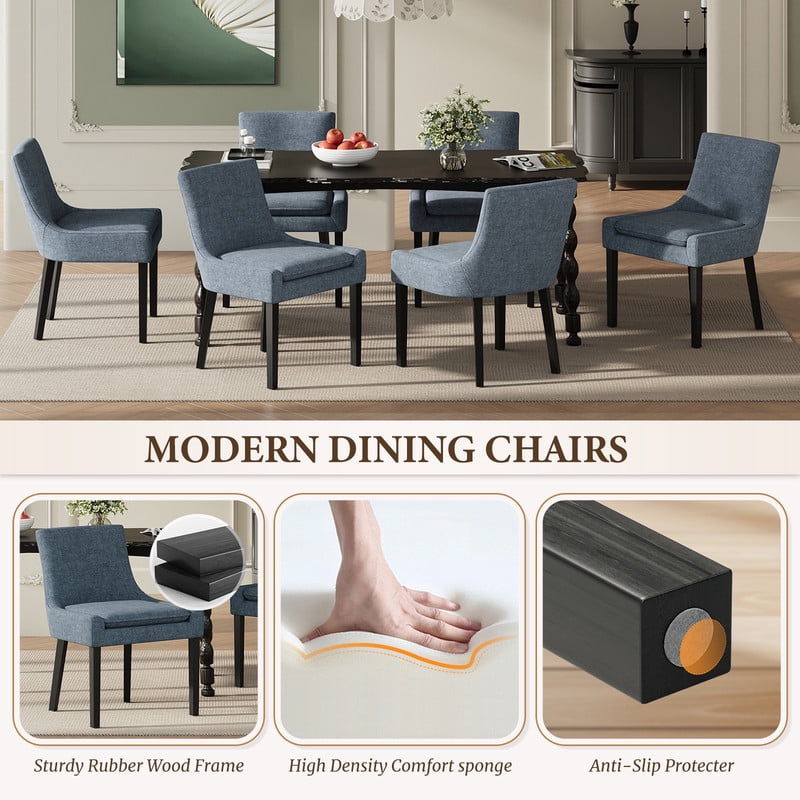 COLAMY Modern Dining Chairs Set of 4, Upholstered Corduroy Accent Side Leisure Chairs with Mid Back and Wood Legs for Living Room/Dining Room-Blue