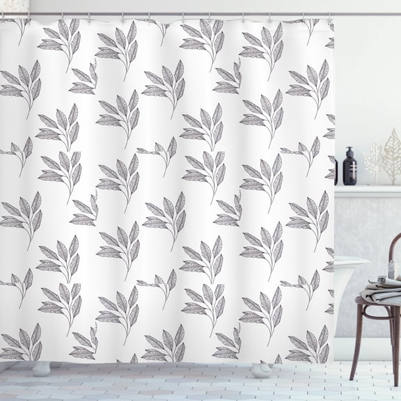 Nature Shower Curtain, Botanical Monochrome Pattern with Leafy Branches on Plain Background, Fabric Bathroom Set with Hooks, 69W X 75L Inches Long, Dark Purple Grey and White, by Ambesonne