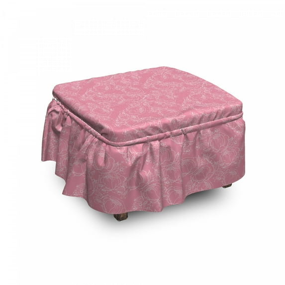Floral Ottoman Cover, Thin Lines Peonies Graphic, 2 Piece Slipcover Set with Ruffle Skirt for Square Round Cube Footstool Decorative Home Accent, Standard Size, Pastel Pink and White, by Ambesonne