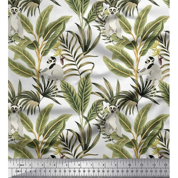 Soimoi Poly Georgette Fabric Leaves & Lemur Animal Fabric Prints by Yard 42 Inch Wide