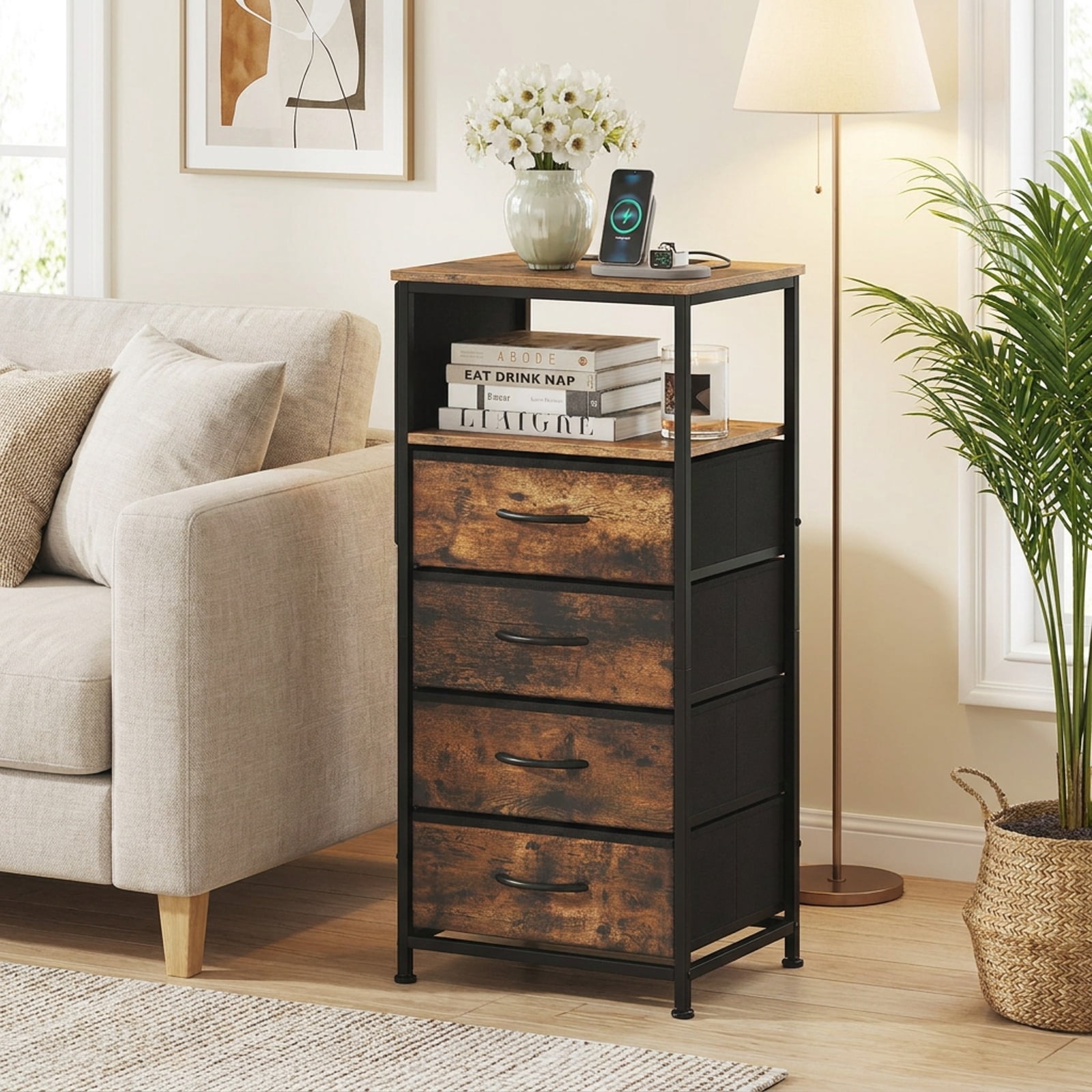 Furnibear 34-Inch Nightstand Dresser with Charging Station and 4 Fabric Drawers, Rustic Brown and Black