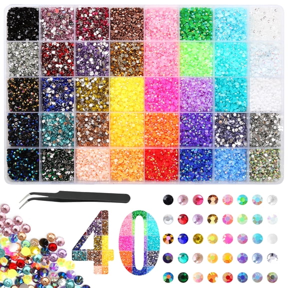 Aovky 40000Pcs Jelly Rhinestones for Bedazzling, 40Colors 3mm Flatback Gems, Crystal Rhinestones Bedazzler Kit with Tweezers for Crafting Book Shoes Nail Art DIY Clothing