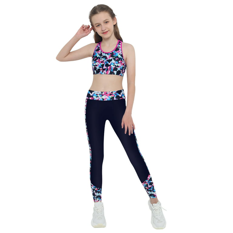 inhzoy Kids Girls Athletic Outfit Sports Bra Crop Top with Yoga Leggings  Gray-Black 14 
