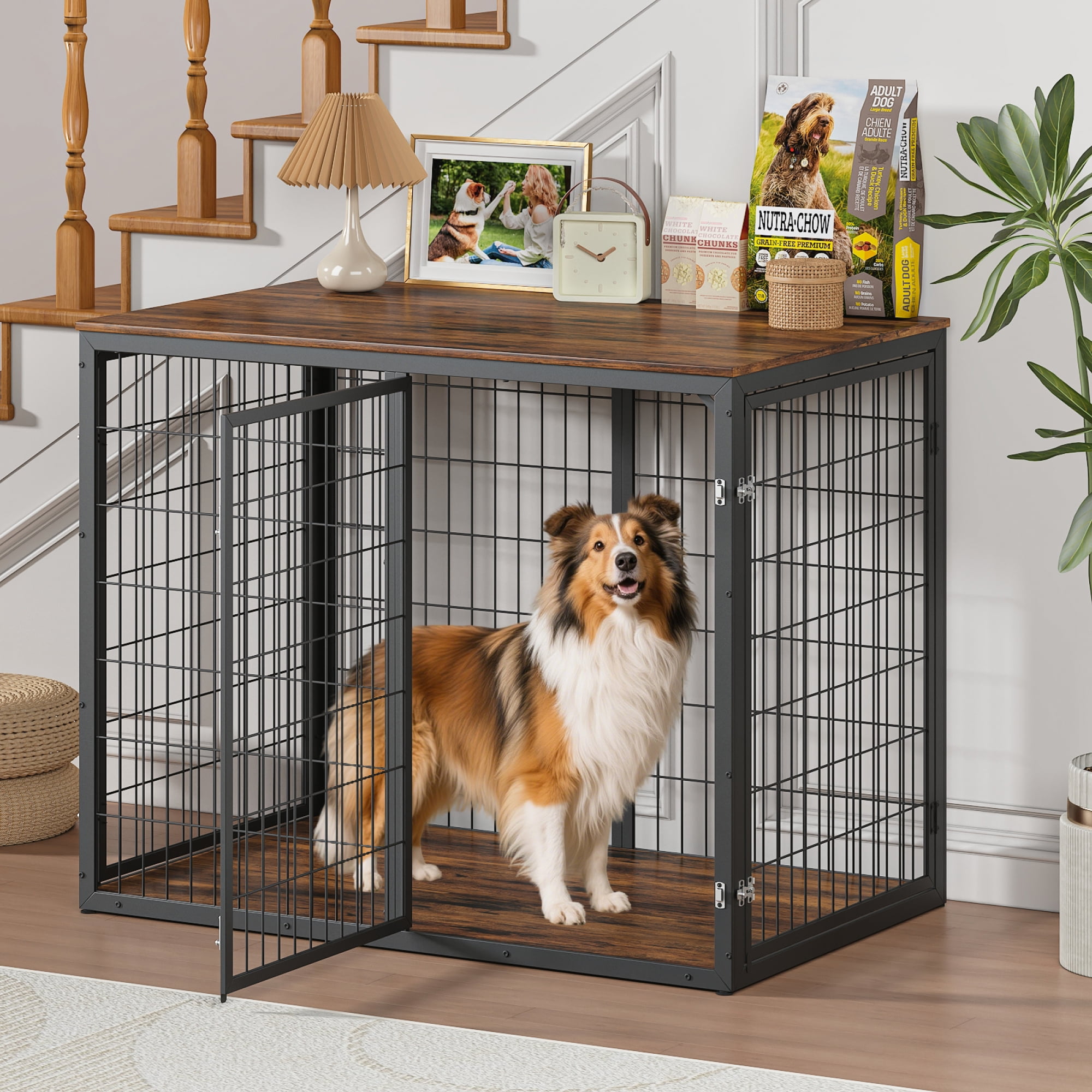 Jopath 47" Dog Crate Dog Cage Furniture with 3 Doors for Large Medium Dogs Rustic Brown