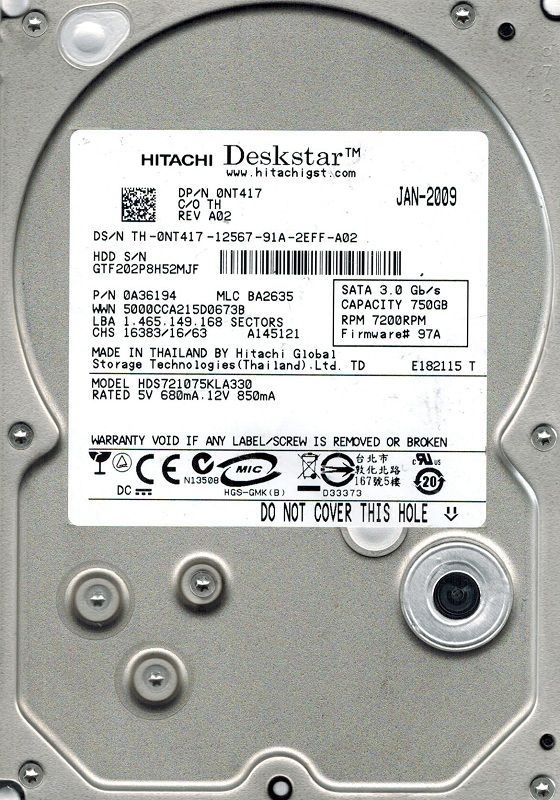 Hitachi hds721075kla330?MLC : ba2469?P / N : 0?a33862?750?GB