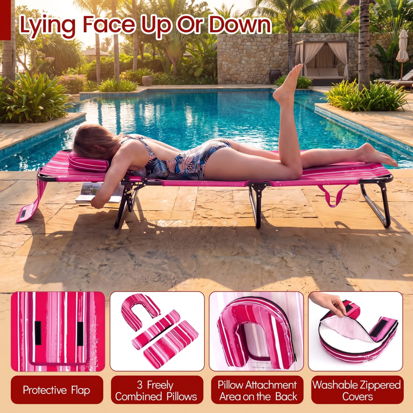Furnibear Pink Stripe Folding Patio Chair Metal for Porch Deck Balcony Holds 330 lbs Weather-Resistant Outdoor Furniture