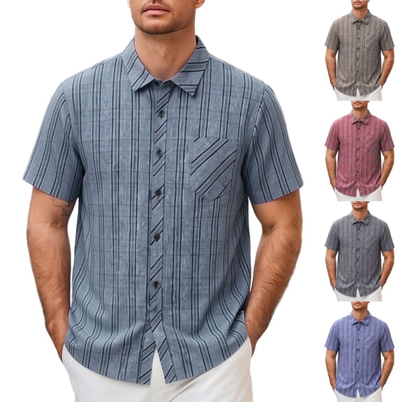 Men's Summer Plaid Casual Button Down Shirt Short Sleeve Collared Top, Loose Fit Breathable Quick Dry Lightweight, Beach Vacation Daily Outfits Fashion Essential | JASKFLY,Blue L