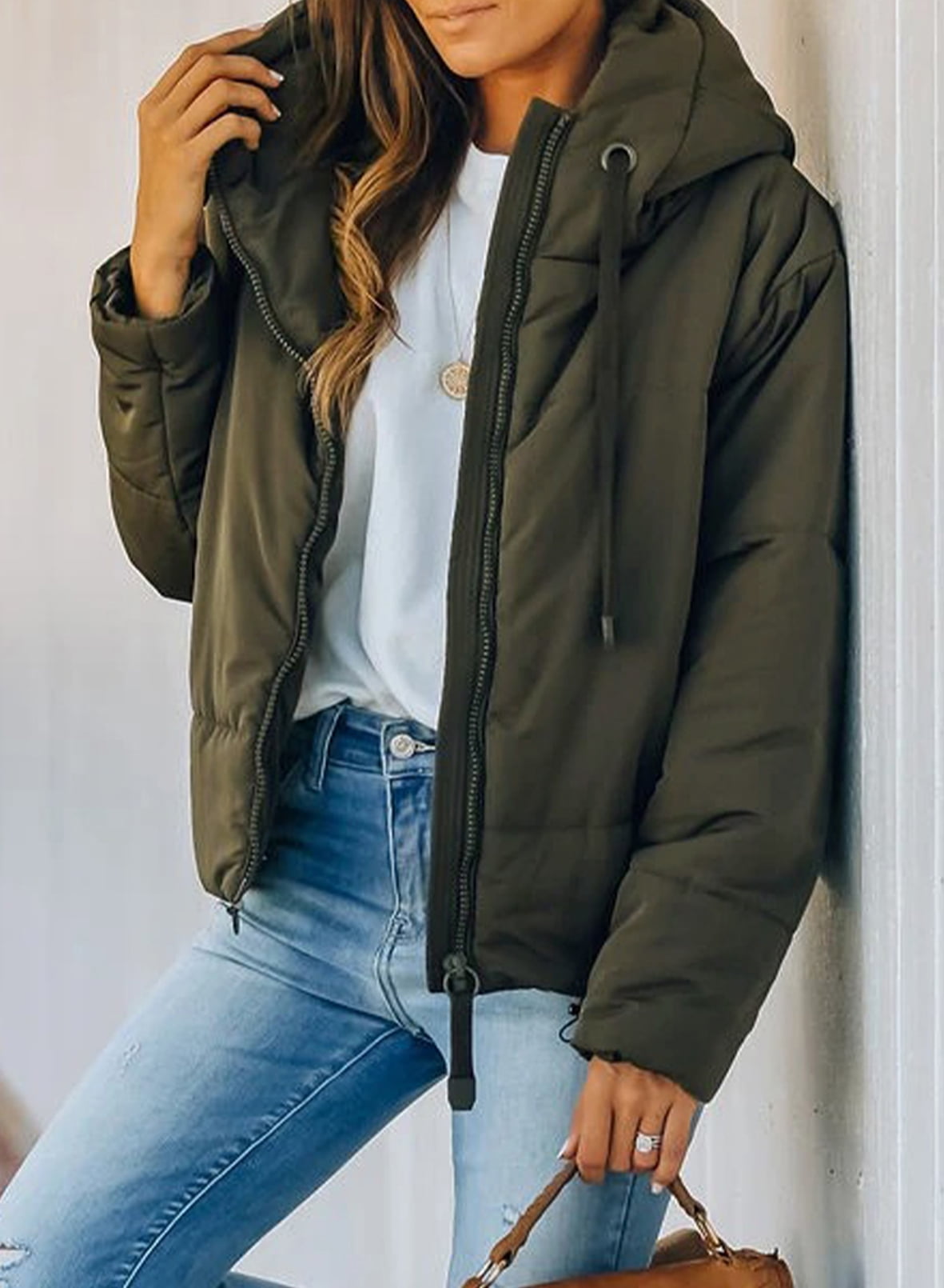 Hooded Puffer Jacket for Women with Full Zipper Drawstring Winter Cropped Coat with Pockets Petite