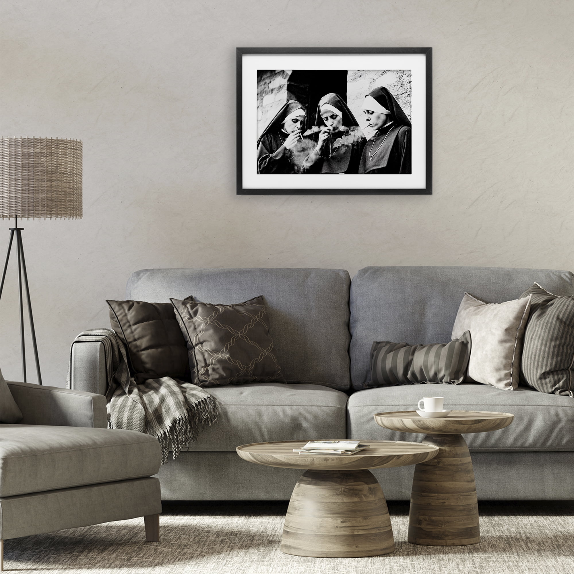 Smoking Nuns Rebellion Black Framed Print Under Glass, design by Decent Exposures