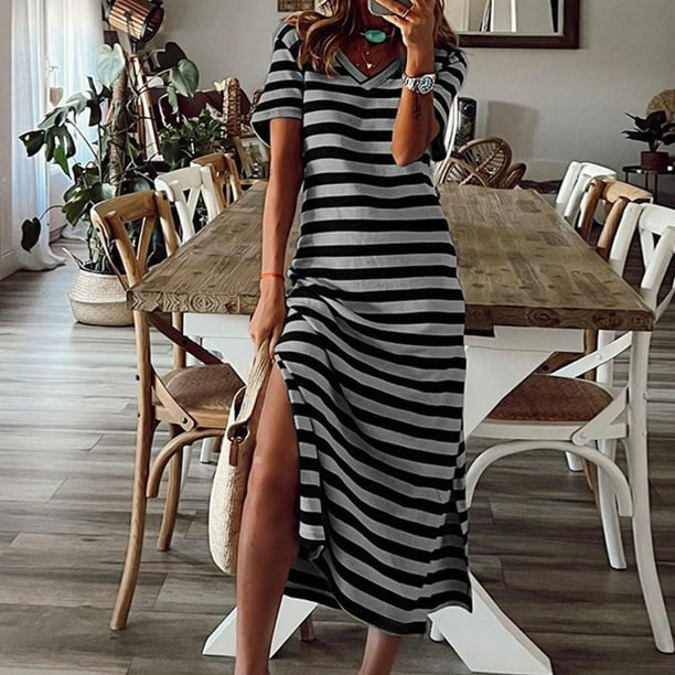 WILLBEST Vestidos con Curvas para Mujer, Vestido Largo de Verano A Rayas, Manga Corta, Cuello En V, Informal, Suelto, Largo, para Playa, con Abertura Chica